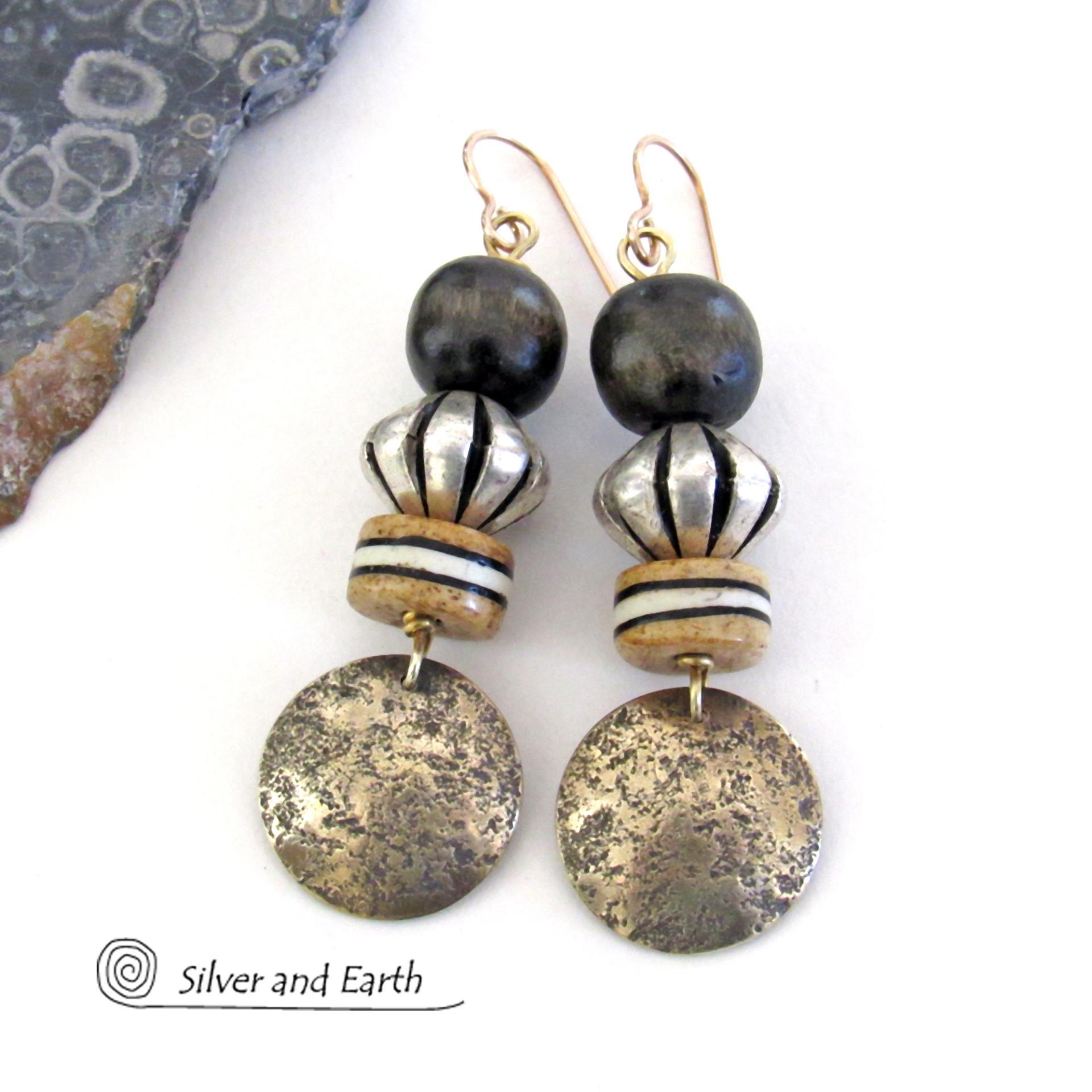 Reclaimed Vintage Boho Brass Rustic Beaded Black store Gold Clip Earrings